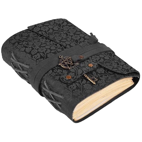 LEATHER VILLAGE Handmade Leather Bound Floral Embossed Journal for Women- Medium | 260 Pages Blank of Vintage Paper Writing, Sketchbook, Notebook - Black - 7X5 Inches - color: Black, size: 7 inches X 5 inches