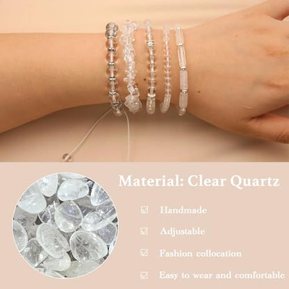5Pcs Healing Crystal Bracelet for Women Men, Handmade Adjustable Gemstone Bracelets Beaded Reiki Energ Bracelet Set Jewelry Gifts for Women Men - color: Clear Quartz