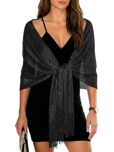 Sumolux Shawls Wraps for Evening Dresses Metallic Glitter Shawls Scarf for Women Sparkling Wedding with Free Buckle - color: Black