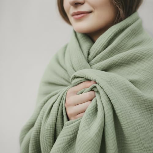 4-Layer Muslin Cotton Queen Bed Blanket (90 x 90 inches) – Ultra Soft Breathable Gauze, Lightweight All-Season Cozy Blanket, Machine Washable – Green - color: Green, size: Queen (90 x 90 inches)