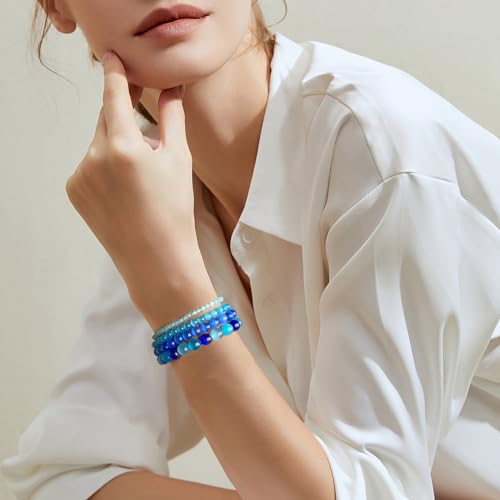 4pcs Beaded Bracelets for Women,Natural Healing Crystal Gemstones Bracelet,Anxiety Stress Relief Bracelet Handmade purple Jewelry Gifts for Women - color: Light blue cat eyes&Blue cat eyes&Dark blue cat eyes