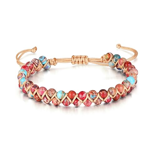 Sriomu 7 Chakra Bracelets for Women Handmade Natural Jasper Stone Healing Bead Bracelet Women Men Boho Friendship Inspirational Jewelry Natural Jasper Stone Double Layer Healing Bead Jewelry Gifts - color: A-red color