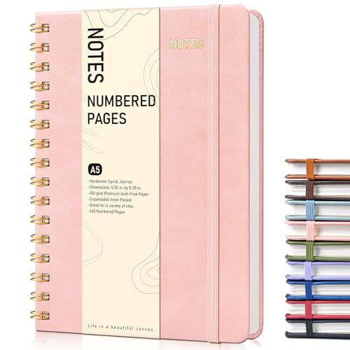 Lined Spiral Journal Notebook for Women, A5 Hardcover Notebooks for Work, 150 Numbered Pages Pink Notebook, 100GSM College Ruled Journals for Writing, Note Taking, 5.75" x 8.38" - color: Blush Pink, size: Line
