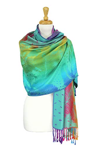 PASKMLNA Double Side Multi Colors Silky Tropical Colorful Exotic Pashmina Wrap Shawl Scarf Rave - color: 050-green Multi Feathers