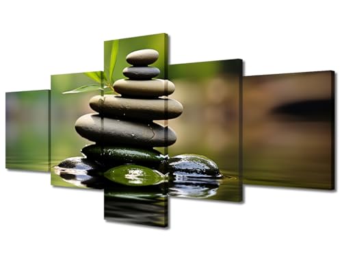 TUMOVO Wall Decor Zen Stones and Bamboo on The Water Pictures Paintings Zen Artwork Wall Art for Living Room 5 Pieces Prints on Canvas House Decor Giclee Framed Ready to Hang, 50" Wx24 H - color: Artwork-14, size: 50"Wx24"H
