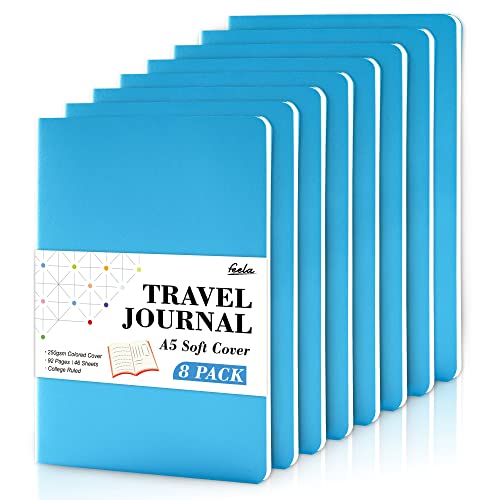 8 Pack Soft Cover Journal Bulk, Feela Notebooks College Ruled for Work, Lined Travel Journal for Women Men, Note Taking Notebook School Supplies Business Writing, 8.2” x 5.5”, A5, Blue - color: 8 Blue