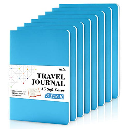 8 Pack Soft Cover Journal Bulk, Feela Notebooks College Ruled for Work, Lined Travel Journal for Women Men, Note Taking Notebook School Supplies Business Writing, 8.2” x 5.5”, A5, Blue - color: 8 Blue