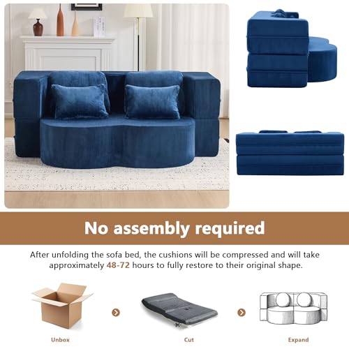 2-in-1 Folding Sofa Bed with Pillow, No Assembly Futon Twin Size Sofa Bed, Breathable Velvet Convertible Couch Bed for Living Room and Guest Room, 78.7 Inch, Blue - color: Blue-78.7", size: 2 seat