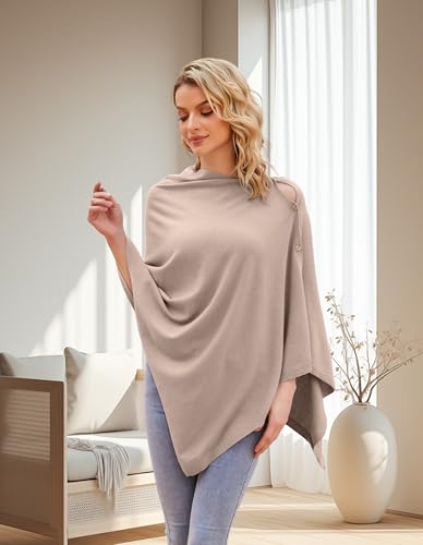 PULI Women's Versatile Knitted Shawls Scarf Poncho Sweater with Buttons Lightweight Spring Summer Fall Wraps - color: A-tan