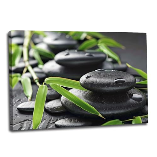 ZHOUWALLPIC Zen Stone Wall Art Still Life Spa Stones Paintings Black Zen Stone Posters Zen Green Bamboo Leaves Picture Prints for Meditation Room Decor（Zen-1,20x30inch (50x75cm) - color: Zen-1, size: 20x30inch (50x75cm)