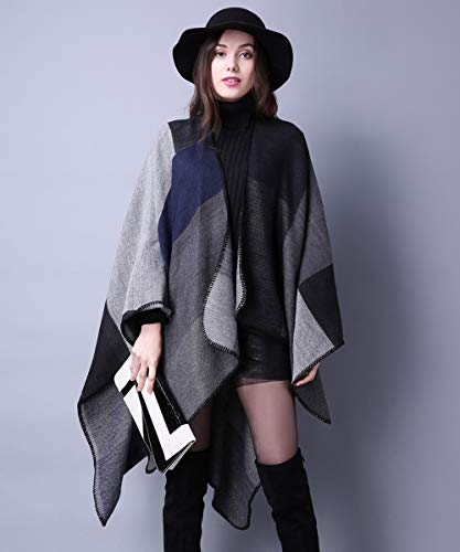 Women's Shawls and Wraps Open Front Poncho Cape Winter Sweater - color: A4-black