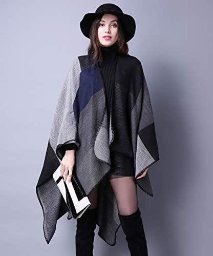 Women's Shawls and Wraps Open Front Poncho Cape Winter Sweater - color: A4-black