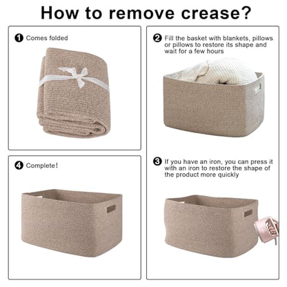 OIAHOMY 75L Large Woven Cotton Rope Storage Basket with Handle for Organizing Blanket and Toys for Living Room, Nursery, Brown Variegated 22”x17”x12”