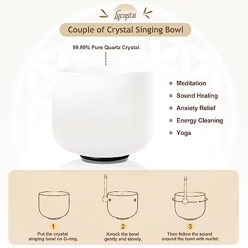 Couple of 2 PCS Crystal Singing Bowl Set, 8" F note Heart Chakra and 10" C note Root Chakra, Sound Bowl Meditation Set for Healing with Carry Case Bag.