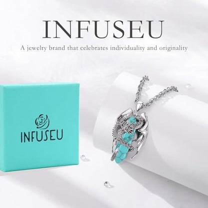 INFUSEU Unique Dragon Necklaces with Healing Crystal Stone for Men Women, Personalized Spiritual Gifts, 24 Inch Chain - color: Turquoise
