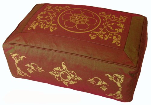 Rectangular Zafu Seat Meditation Cushion Buckwheat and Kapok Fill - Silkscreen Sacred Symbols (Saffron Vine Dharma Wheel) - color: Saffron Vine Dharma Wheel