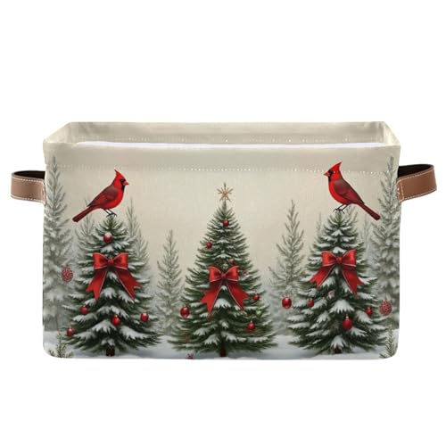 Christmas Tree Cardinals Birds Storage Basket with Waterproof Liner and PU Handles Winter Xmas Tree Bow Storage Bins Boxes 14.2" Collapsible Decorative Organizer Baskets for Bedroom Office 1 Pack - color: Christmas tree, size: 1 Pack