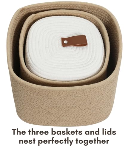 Set of 3 Stylish Rectangular Woven Baskets with Lids - Elegant Storage Solution for Home Decor and Organization, Beige/White Lid