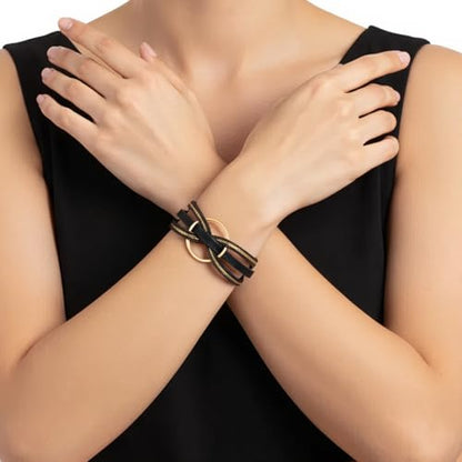Edoneery Leather Wrap Bracelet for Women, Boho Handmade Multi-Layer Cuff with Crystal Beads Heart, Stackable Bangle Western Jewelry Gift - style: Circle(Black)