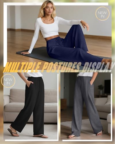 3 Pack Women's Lounge Pants Cozy Wide Leg Yoga Pants Casual Drawstring Loose Baggy Sweatpants with Pockets - color: Black, Dark Gray, Dark Blue, size: Large