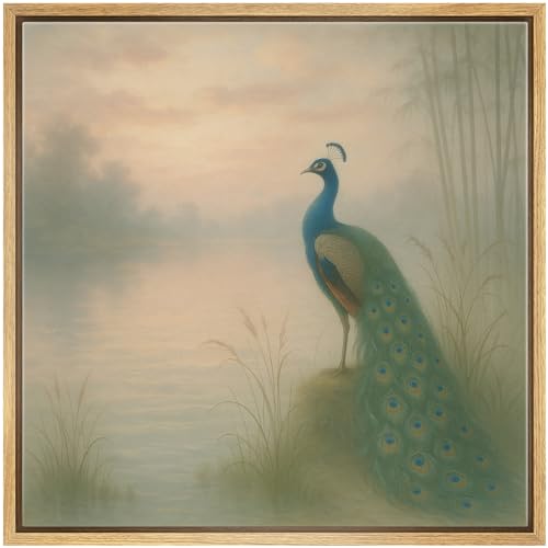 SIGNWIN Framed Canvas Print Wall Art Elegant Peacock by Misty Lake Serene Nature Illustrations Fine Art Farmhouse/Country for Living Room, Bedroom, Office - 16"x16" NATURAL - color: BS18-2507-SAR10, size: 16L" x 16W"