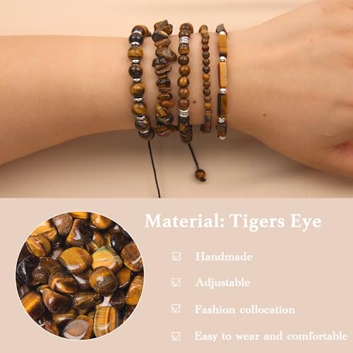 5Pcs Healing Crystal Bracelet for Women Men, Handmade Adjustable Gemstone Bracelets Beaded Reiki Energ Bracelet Set Jewelry Gifts for Women Men - color: Tigers Eye