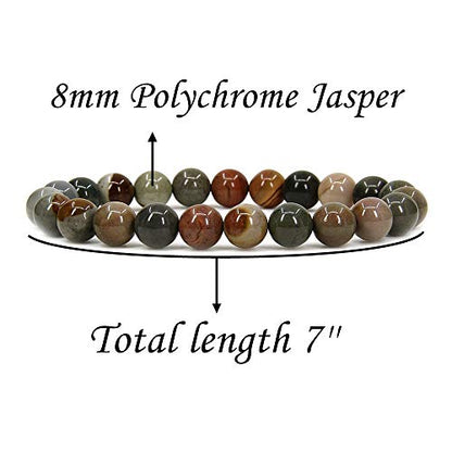Angelstones Handmade Natural Healing Gemstone 8mm Round Beads Stretch Crystal Bracelet 7 Inch Unisex - color: Polychrome Jasper