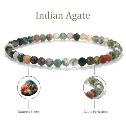 Natural Faceted Crystal Bracelet for Women,4mm Gemstone Round Beads Bracelets Adjustable Stretchy Healing Crystal Beads Bracelets Dainty Jewelry Gift
