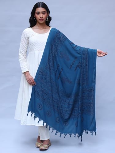 Exotic India Prayer Shawl with Printed Hare Ram Hare Krishna Mantra - PolyCotton - color: Teal
