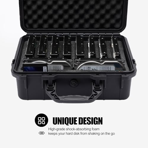 Hard Drive Case 3.5inch 10-Bay Multi-Protection HDD Storage Box Suitcase with Foam External Hard Drive Carrying Case Anti-Static Shock Moisture Proof for HDD/SSD/M.2
