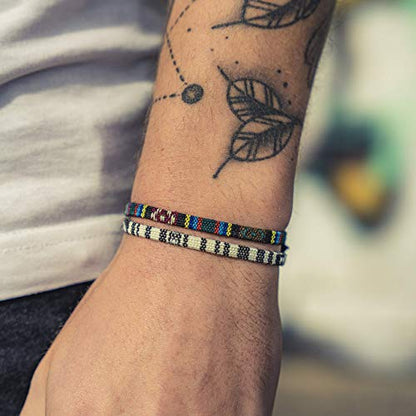 Made by Nami 2 Pcs Boho Surfer Bracelets for Women and Men Waterproof and Adjustable Braided Bracelets Set of 2 for Ethnic Hippie Style - color: White & Aztec