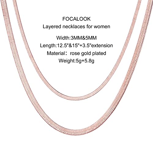FOCALOOK 14K Gold Plated Necklaces for Women, Fashion Herringbone Choker Necklace Stainless Steel Flat Snake Chain 3/5MM(W) 12.5"/15"/18"+3.5"(L) - color: 5MM-15"&3MM-12.5" Layered-Rose Gold