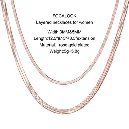 FOCALOOK 14K Gold Plated Necklaces for Women, Fashion Herringbone Choker Necklace Stainless Steel Flat Snake Chain 3/5MM(W) 12.5"/15"/18"+3.5"(L) - color: 5MM-15"&3MM-12.5" Layered-Rose Gold