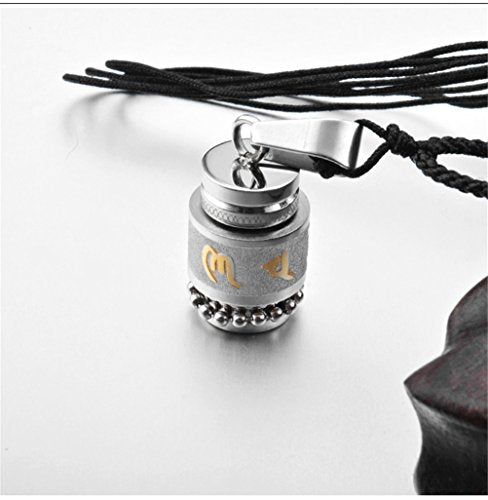 Men's Stainless Steel Open Lucky Buddha Mantra Pendant Necklace Bottle Container Memorial with Braided Rope - color: Mantra - Silver (small)