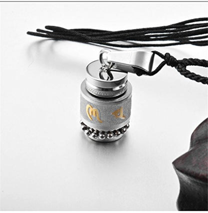 Men's Stainless Steel Open Lucky Buddha Mantra Pendant Necklace Bottle Container Memorial with Braided Rope - color: Mantra - Silver (small)