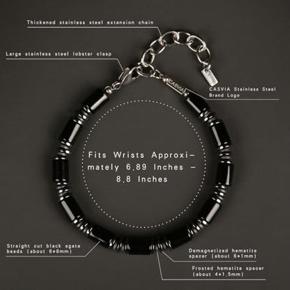 Men's Black Onyx Hematite Tube Beaded Link Bracelet, Handmade Thickened Adjustable Stainless Steel Chain, Stylish Mens Jewelry Gift for Dad, Husband, Son & Friend