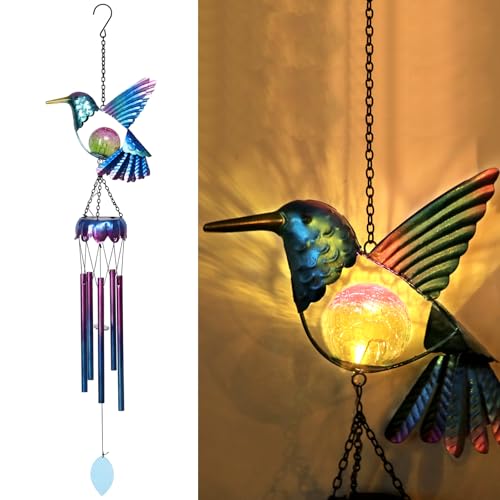 Taman Solar Wind Chime - Hummingbird Crack Glass Solar Light for Outside Waterproof Aluminum Tubes Decorative Memorial Gift, for Home, Outdoor, Yard, Patio,Garden Decor