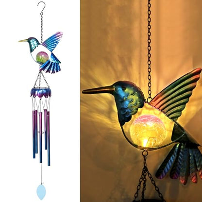 Taman Solar Wind Chime - Hummingbird Crack Glass Solar Light for Outside Waterproof Aluminum Tubes Decorative Memorial Gift, for Home, Outdoor, Yard, Patio,Garden Decor