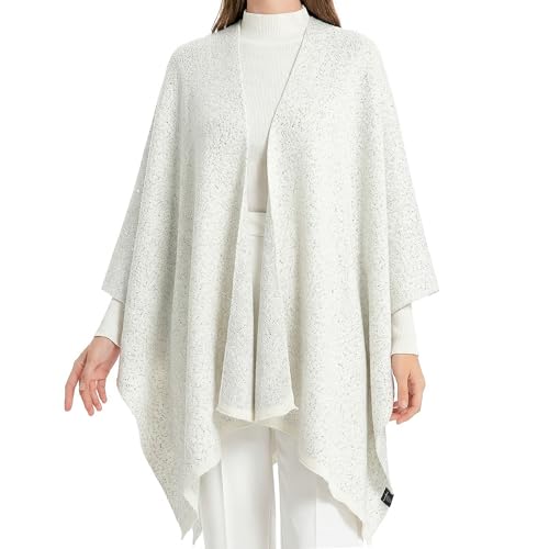 ZLYC Women's Shawl Golden Trim Knit Blanket Wrap Fringe Poncho Coat Cardigan - color: Solid White