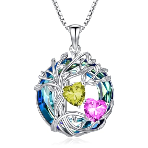 TOUPOP s925 Sterling Silver Family Celtic Tree of Life Pendant Necklaces with 2 Heart Birthstone with Blue Austrian Crystal Jewelry Birthday Valentines Day Gifts for Her, Anniversary Christmas Gifts for Wife Girlfriend Mom (18K Real White Gold Filled) - c