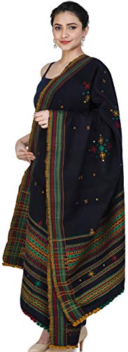 Exotic India Shawl from Kutch with Embroidered Bootis and Mirrors - Wool - color: Patriot Blue