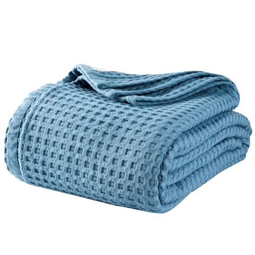 100% Cotton Waffle Weave Sofa Blanket, Lunch Break, Queen Bed, Outdoor Camping Blanket. (Blue, 90 ×90 inches) - color: Blue, size: 90 ×90 inches