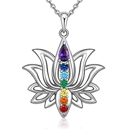 Chakra Necklaces for Women Lotus Flower Necklace Sterling Silver Mandala Yoga Lotus Pendant 7 Chakra Jewelry Gifts