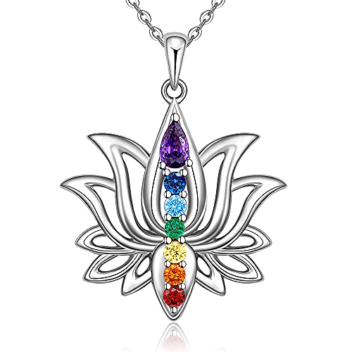 Chakra Necklaces for Women Lotus Flower Necklace Sterling Silver Mandala Yoga Lotus Pendant 7 Chakra Jewelry Gifts