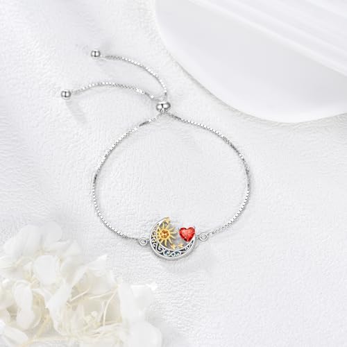 925 Sterling Silver Moon and Sun Star Adjustable Link Bracelet for Women with 12 Month Birthstone Birthday Jewelry - style: 01 - Jan.