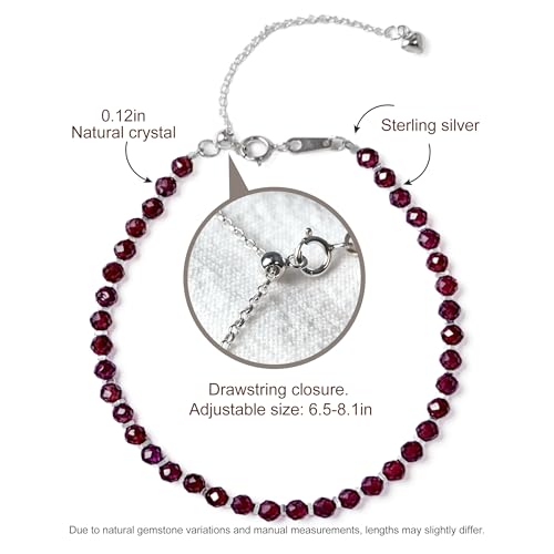 Natural Crystal Silver Bracelet, 0.12" Faceted Stone Beads Adjustable Jewelry for Women, Handmade Crown Chakra Design for Meditation & Spiritual Gifts - color: Brown Garnet