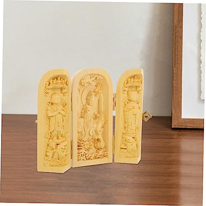 Happyyami Wood Buddha Statue Figurine Handcrafted Huangyang Wood 3-Compartment Box Home Decor for Meditation and Zen Spaces