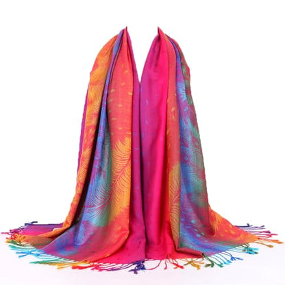 SmilerSmile Colorful Scarf Wraps for Womens Tassel Shawl Wrap - color: 02-peacock/Hotpink