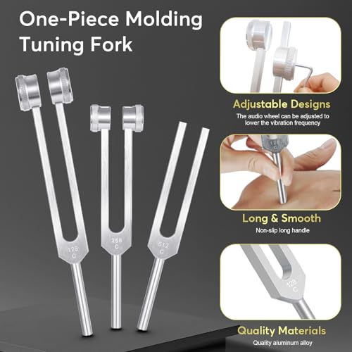 Tuning Forks for Healing Set (128Hz, 256Hz, 512Hz), Weighted Tuning Fork for Sound Therapy/Meditation/Yoga and Chakra with Mallet, Storage Pouch & Instruction Manual (Silvery)