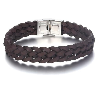 Men's Leather Bracelet, Stackable Stainless Steel Clasp Bracelets for Men Stylish Birthday, Thanksgiving, Valentine's Day Gift for My Man - style: 8.2" Braided Brown Leather